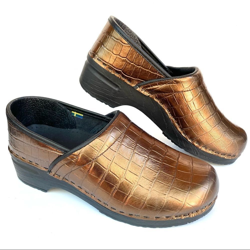 Bjork Eva Croco Embossed Metallic Bronze Leather Clogs